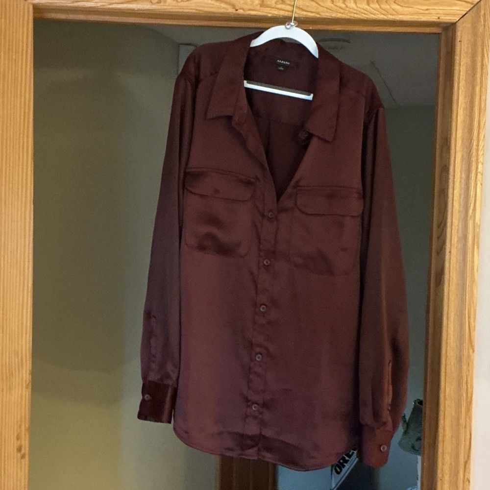 Alfani Satin-Look Maroon Button-Front Blouse